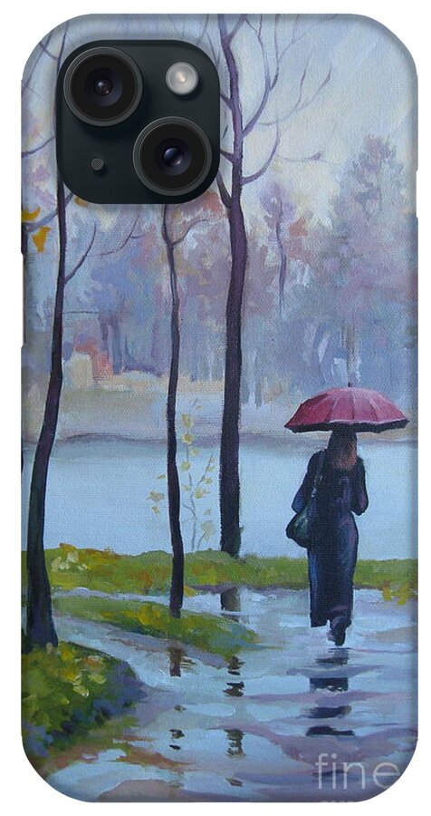 Woman iPhone Case featuring the painting Walking in the rain by Elena Oleniuc