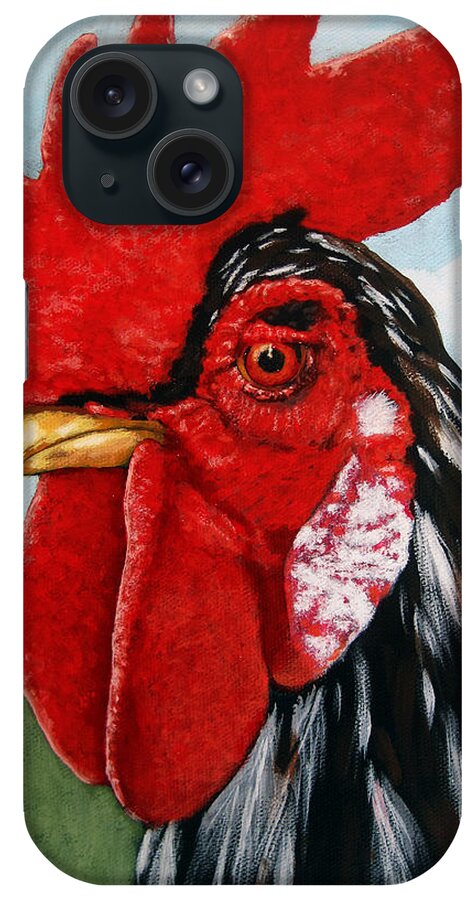 Farm Animal iPhone Case featuring the painting Watchful Rooster painting farm animal by Linda Apple
