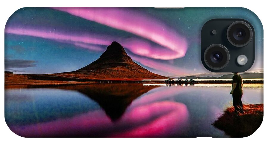 Nature iPhone Case featuring the painting Watching pink waves, Pink Northern lights Aurora Borealis by Celestial Images