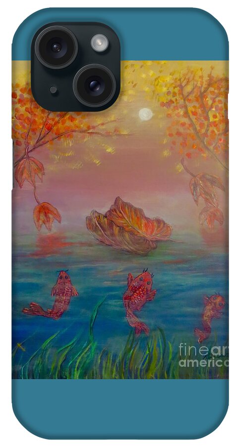 Misty Foggy Lake Scene Dawn Morning Sunrise Lake Scene Bright Sun Fall Foliage Fallen Maple Leaves Japanese Koi Fish Mystical Work Nature Scene Acrylic Paintings iPhone Case featuring the painting Watching the Dance of the Fallen Elements by Kimberlee Baxter