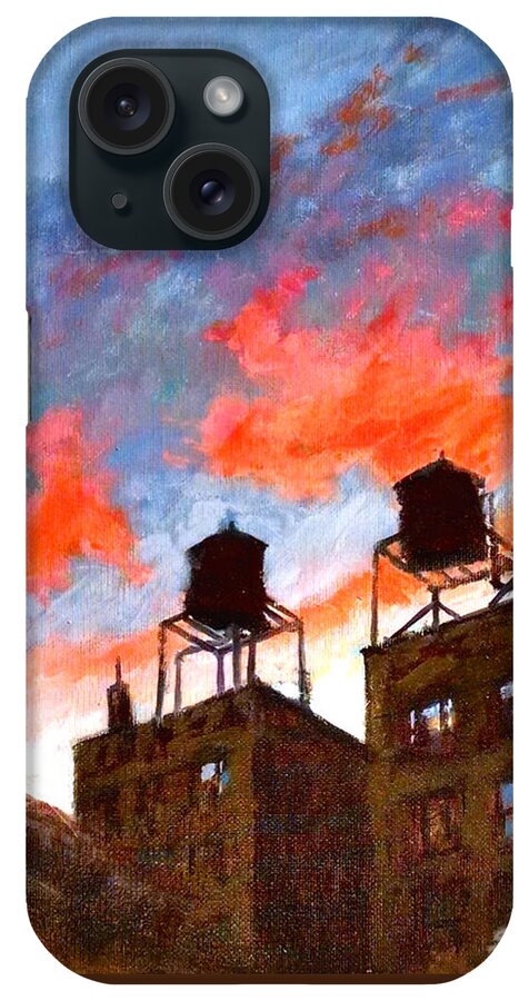 Landscape iPhone Case featuring the painting Water Towers at Sunset No. 1 by Peter Salwen