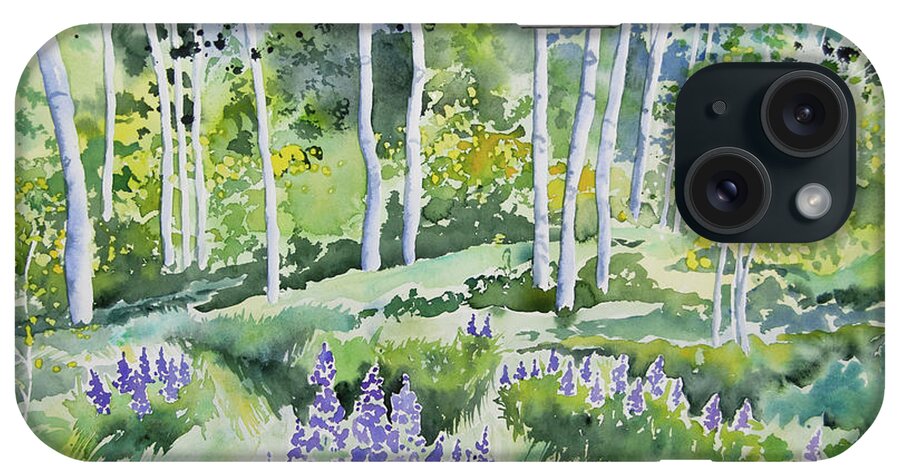 Aspen iPhone Case featuring the painting Watercolor - Early Summer Aspen and Lupine by Cascade Colors