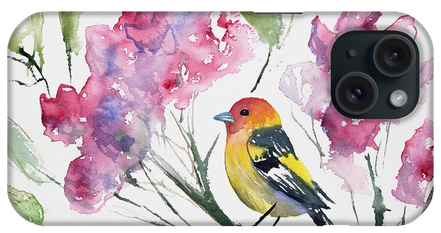 Western Tanager iPhone Case featuring the painting Watercolor - Western Tanager in a Flowering Tree by Cascade Colors