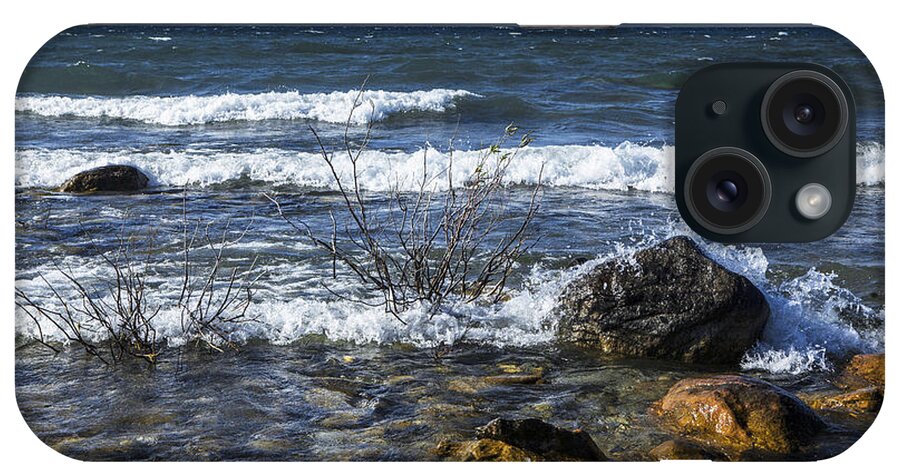 Grand Traverse Bay iPhone Case featuring the photograph Waves crashing ashore at Northport Point on Lake Michigan by Randall Nyhof