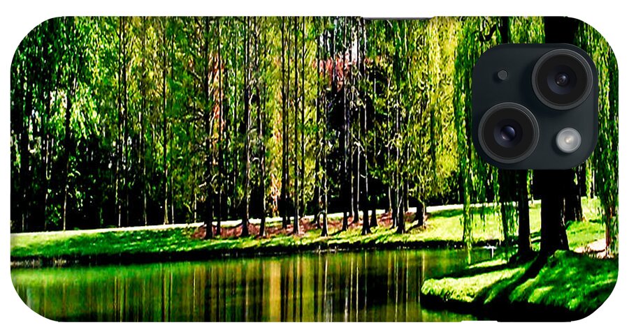 Weeping Willow Tree iPhone Case featuring the photograph Weeping Willow Tree Green Landscape Reflective Moments by Carol F Austin
