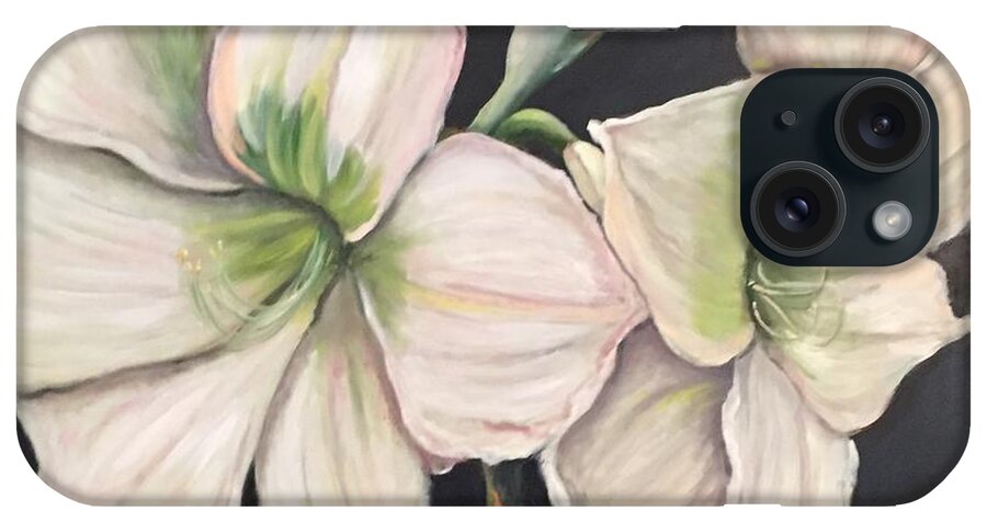 White Flower Amaryllis Green iPhone Case featuring the painting White Amaryllis by Gloria Smith