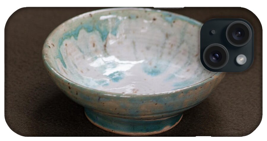 Ceramic iPhone Case featuring the ceramic art White Ceramic Bowl with Turquoise Blue Glaze Drips by Suzanne Gaff