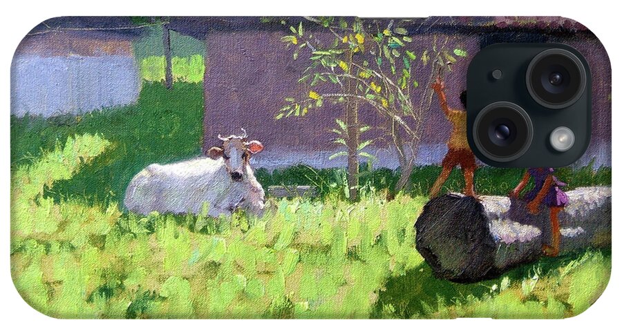 Cow iPhone Case featuring the painting White Cow and Two Children by Andrew Macara