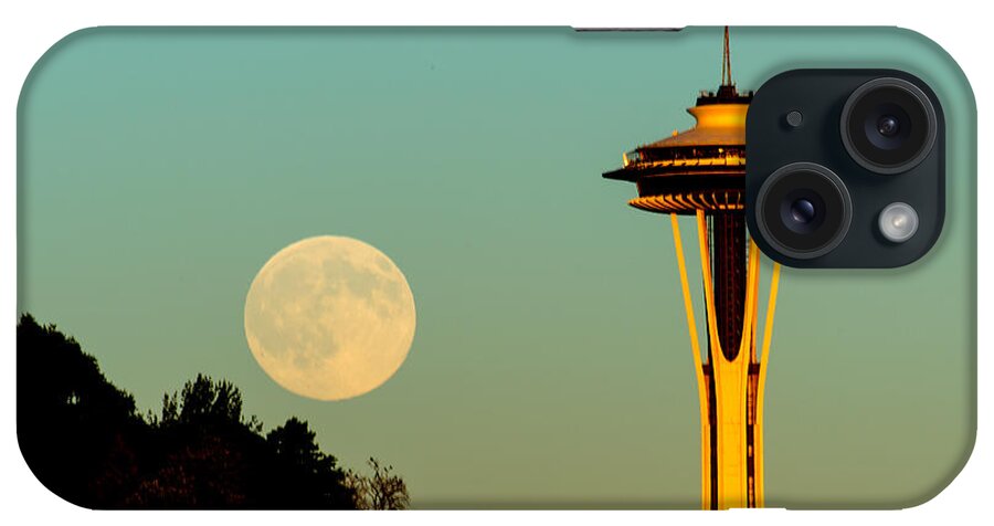 Landscape iPhone Case featuring the photograph White Full moon with Space Needle by Hisao Mogi