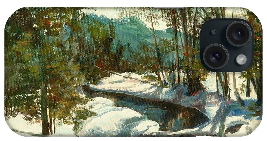 White iPhone Case featuring the painting White Mountain Winter Creek by Claire Gagnon