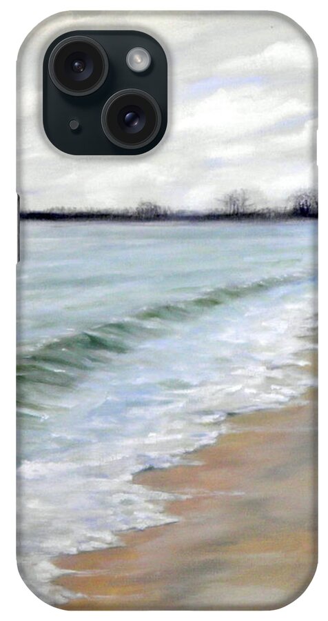 Seascape Ocean Water Sea Beach Sand Light Shadow Trees Background Clouds Sky Wet Dry Blue Green Yellow Brown Grey Black White iPhone Case featuring the painting Willow's Beach study by Ida Eriksen