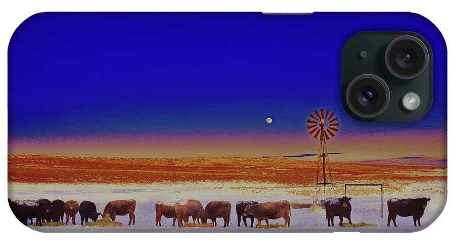 Retro iPhone Case featuring the photograph Windmill and Cows Night Feed by Amanda Smith