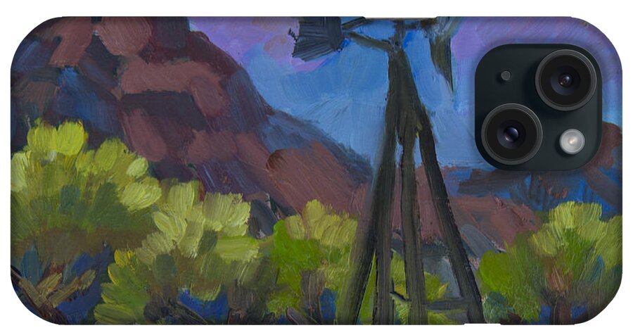Joshua Tree iPhone Case featuring the painting Windmill at Keys Ranch Joshua Tree by Diane McClary