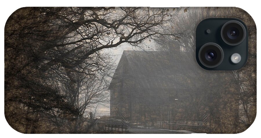 Barn iPhone Case featuring the photograph Winter Foggy Countryside Road and Barn by Anna Louise