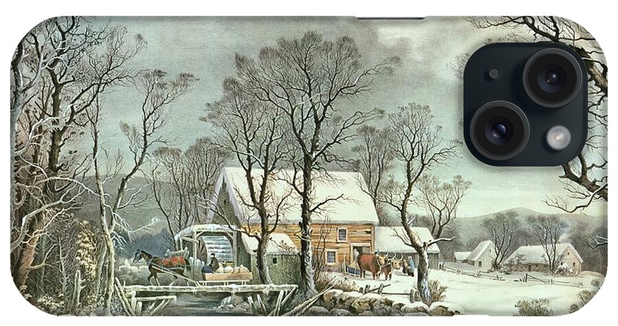 Winter In The Country - The Old Grist Mill iPhone Case featuring the painting Winter in the Country - the Old Grist Mill by Currier and Ives
