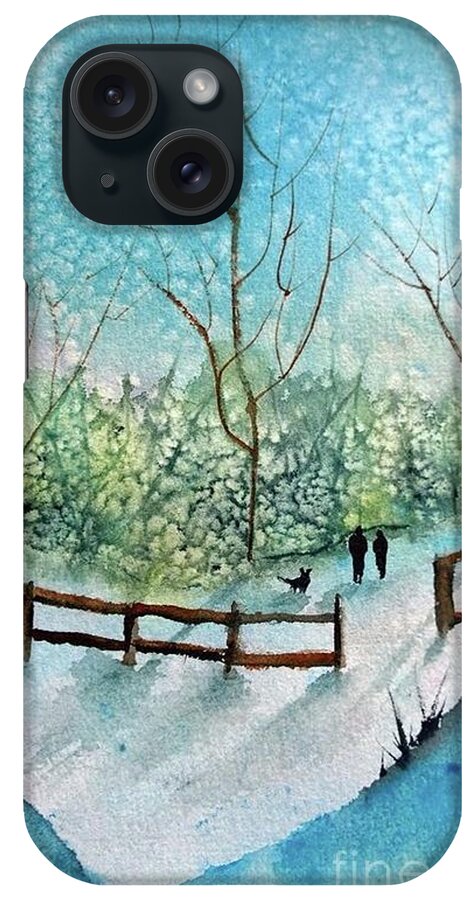 Watercolor Painting With Figures And Dog iPhone Case featuring the painting Winter Stroll with the Dog by Eunice Miller