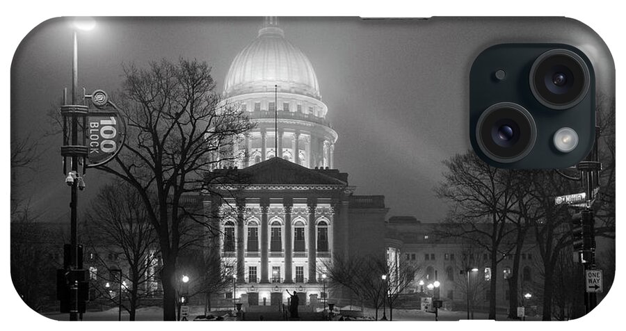 Wisconsin State Capitol iPhone Case featuring the photograph Wisconsin State Capitol-Foggy Night by Todd Bannor