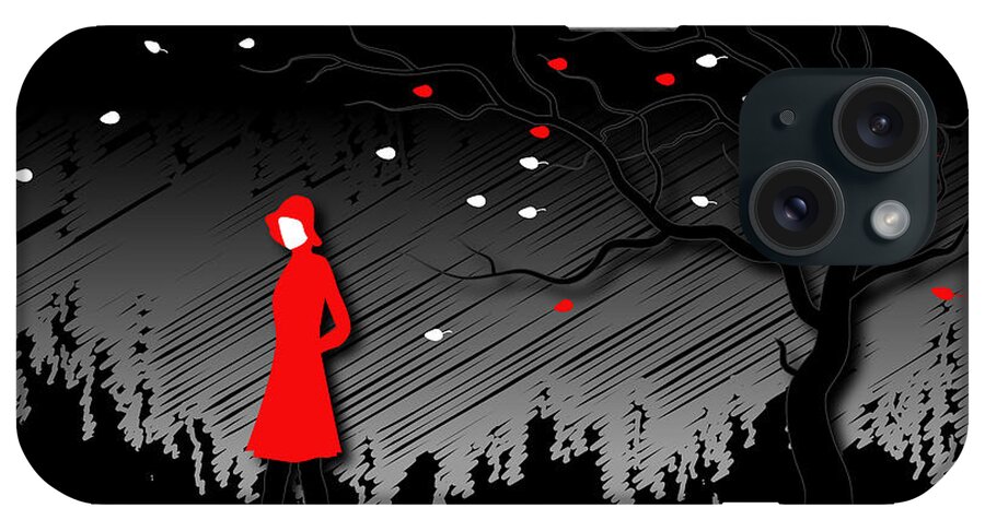 Red iPhone Case featuring the digital art Woman In Red Hat And Trench Coat Walking In Blustery Autumn Rain by Serena King