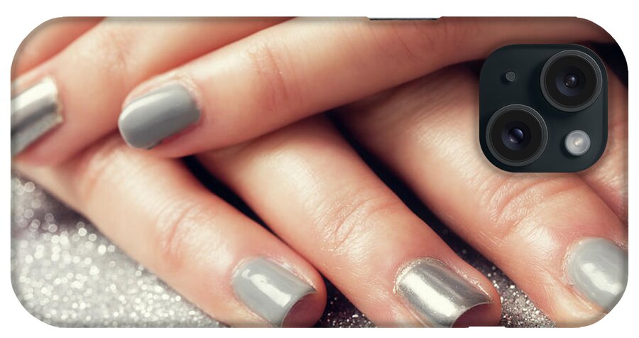 Nail iPhone Case featuring the photograph Woman's nails with shiny silver hybrid manicure by Michal Bednarek