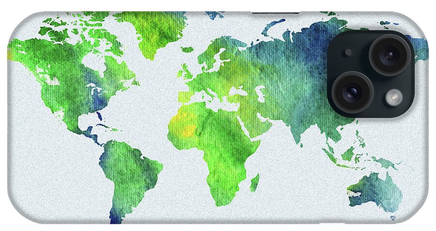 World iPhone Case featuring the painting World Map Blue And Green Watercolor by Irina Sztukowski