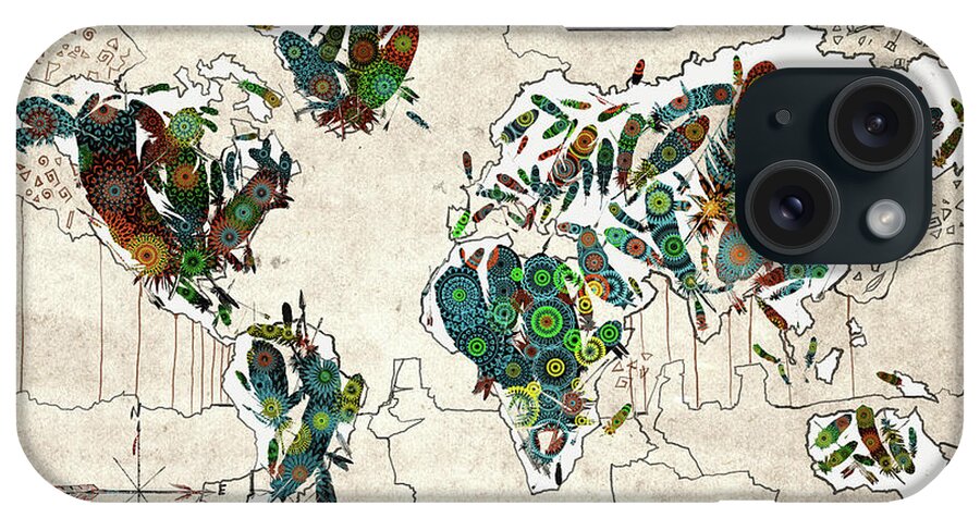 Map Of The World iPhone Case featuring the digital art World Map Mandala Feathers by Bekim M