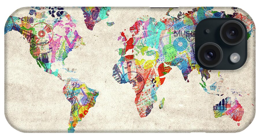 World Map iPhone Case featuring the digital art World Map Music 12 by Bekim M
