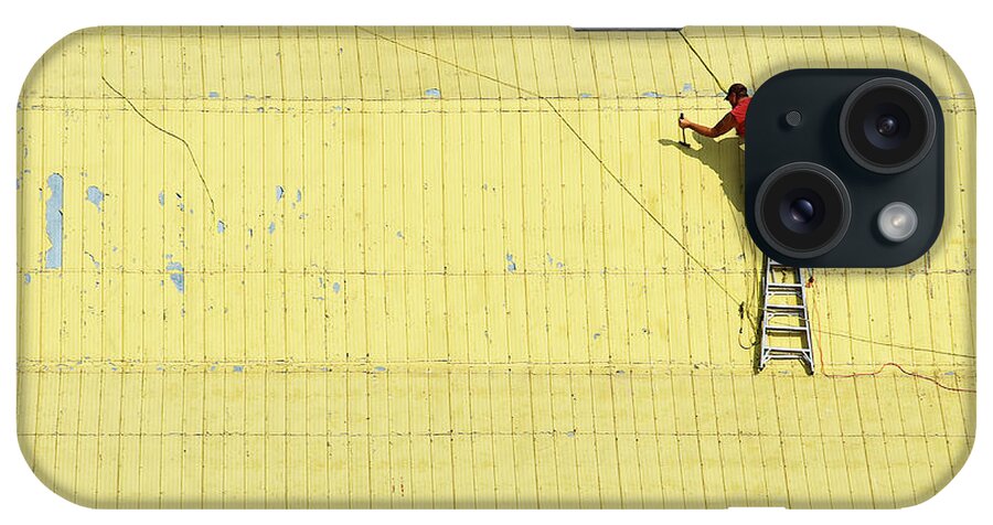 Yellow iPhone Case featuring the photograph Yellow Barn Roof Workers-7 by Steve Somerville