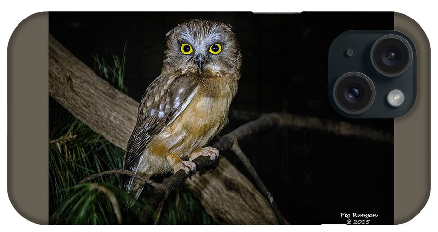 Owl iPhone Case featuring the photograph Yellow Eyes in the Dark by Peg Runyan