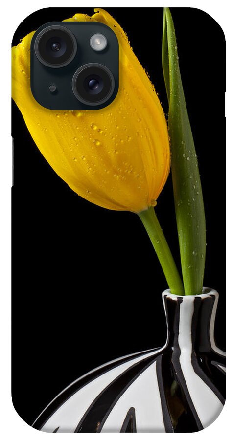Yellow iPhone Case featuring the photograph Yellow tulip in striped vase by Garry Gay