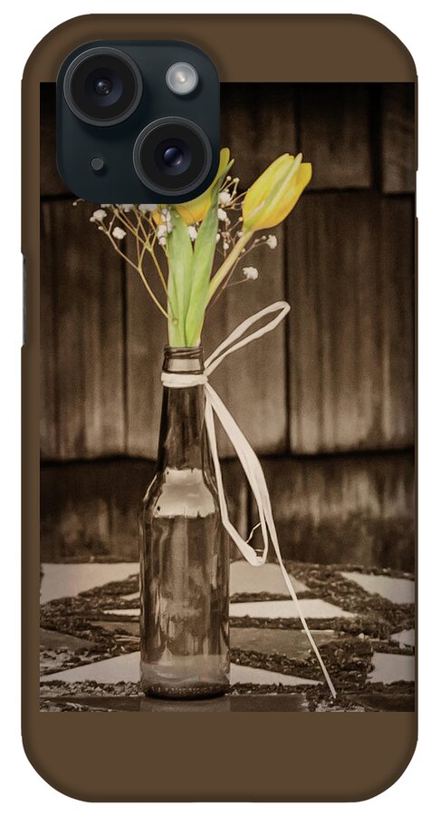 Terry D Photography iPhone Case featuring the photograph Yellow Tulips in Glass Bottle Sepia by Terry DeLuco