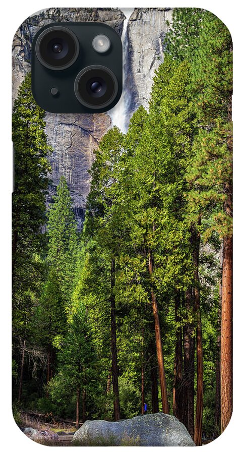 California iPhone Case featuring the photograph Yosemite Falls with pine trees by Roslyn Wilkins