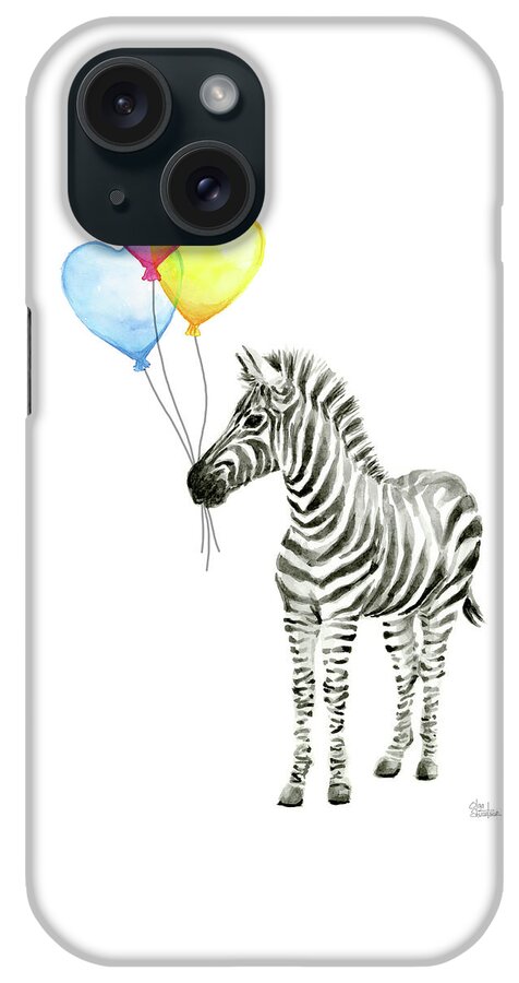 Zebra iPhone Case featuring the painting Baby Zebra Watercolor Animal with Balloons by Olga Shvartsur