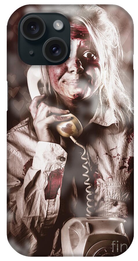 Love iPhone Case featuring the photograph Zombie girl making phone call to dead valentine by Jorgo Photography
