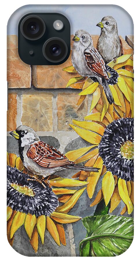 004 House Sparows With Sunflowers iPhone Case featuring the painting 004 House Sparows With Sunflowers by Charlsie Kelly