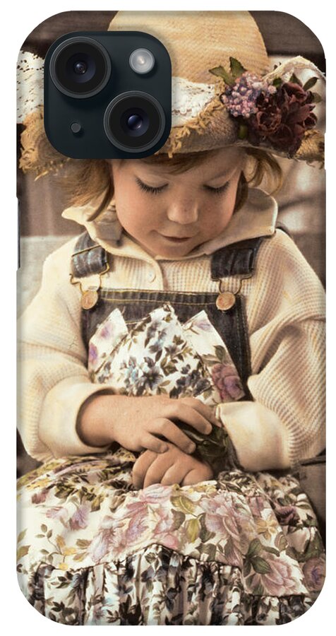 Girl Sitting With Flower Straw Hat And Flower Dress On Looking Down At Hand iPhone Case featuring the photograph 007 Froggy Friend by Sharon Forbes
