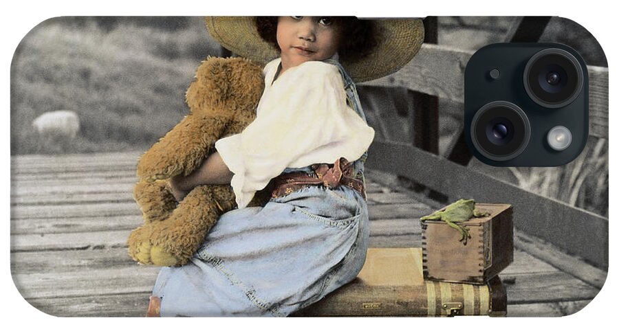 Girl With Straw Hat And Teddy Bear Sitting On Suitcase And Frog Sitting On Box iPhone Case featuring the photograph 015 Going My Way ? by Sharon Forbes