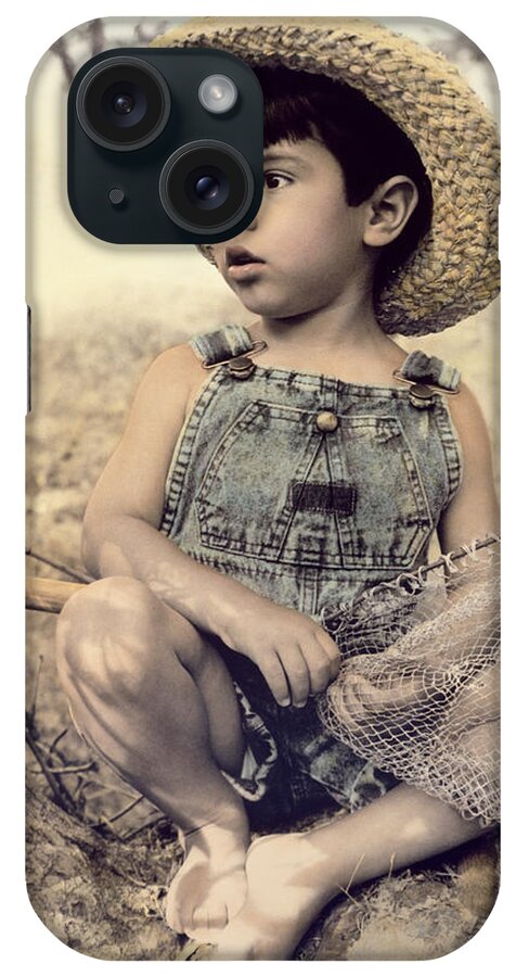 Little Boy Wearing Straw Hat Sitting On Bank With Fishing Net iPhone Case featuring the photograph 062 Catch A Dream by Sharon Forbes