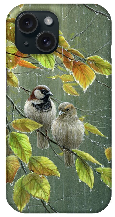 0851 Sparrows In Rain iPhone Case featuring the painting 0851 Sparrows In Rain by Jeremy Paul