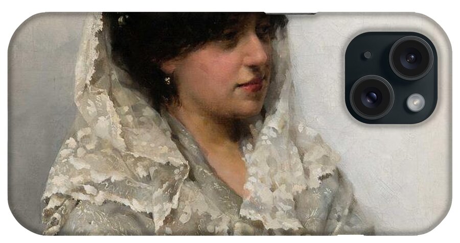 Girl iPhone Case featuring the painting Albert Edelfelt White Mantilla #1 by Celestial Images