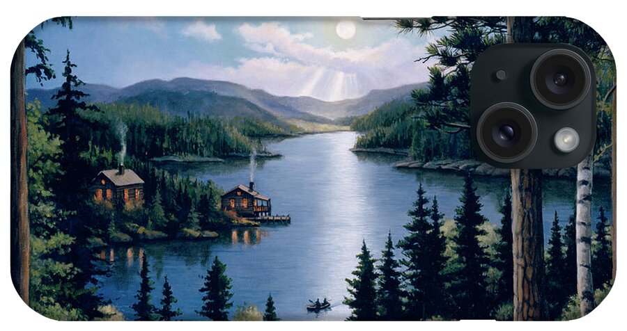 Fire Burning In A Clearing In The Forest With Camping Gear Around It. There Is A View Of A Lake With A Canoe On It And A Couple Of Cabins On It's Bank.
Camping iPhone Case featuring the painting Cabin In The Woods #1 by John Zaccheo
