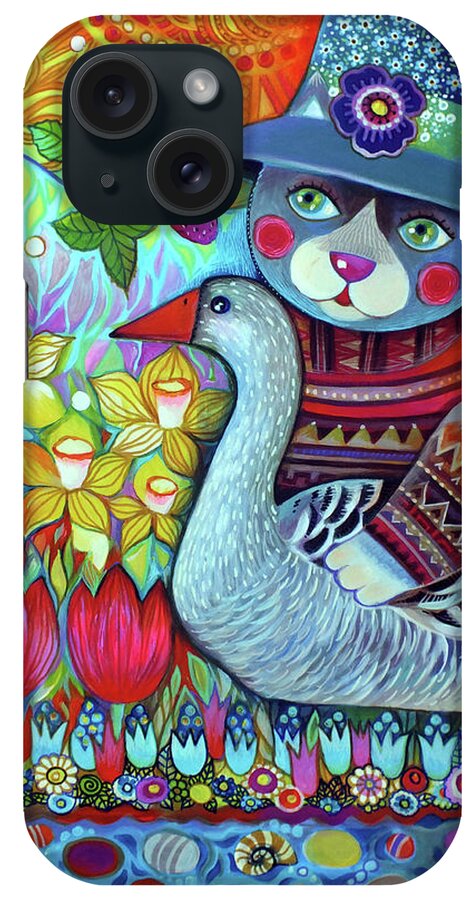 Cat With Goose iPhone Case featuring the painting Cat With Goose #1 by Oxana Zaika