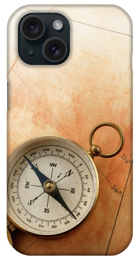 East iPhone Case featuring the photograph Compass On Old Map #1 by Dny59