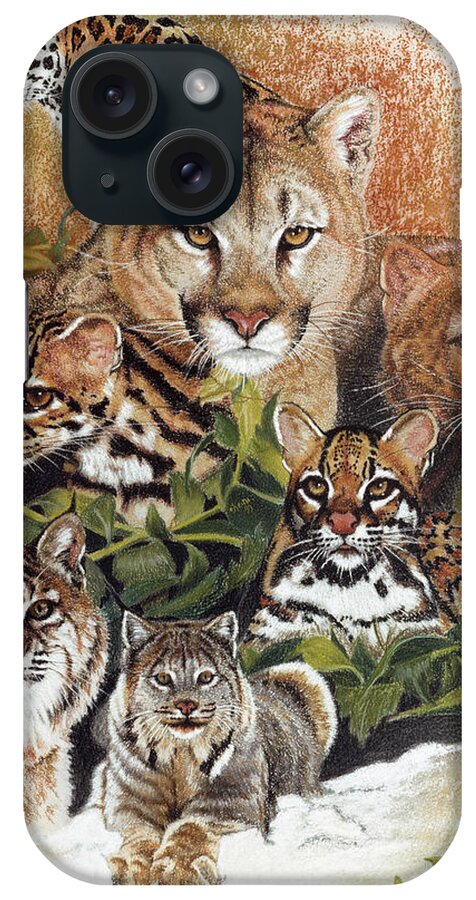 Bobcat-lion-mountain Lion iPhone Case featuring the painting Feline Rhapsody #1 by Barbara Keith