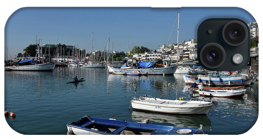 Mikrolimano; Tourkolimano; Piraeus; Athens; Port; Harbor; Greece; Hellas; Greek; Hellenic; Attica; Attika; Attiki; Europe; European; Holidays; Vacation; Travel; Trip; Voyage; Journey; Tourism; Touristic; Blue; Sea; Sky; Yacht; Yachts; Sailing; Boat; Boats; Fishing; Sea; Summer; Reflection; Reflections iPhone Case featuring the photograph Fishing boats in Mikrolimano port II #2 by George Atsametakis