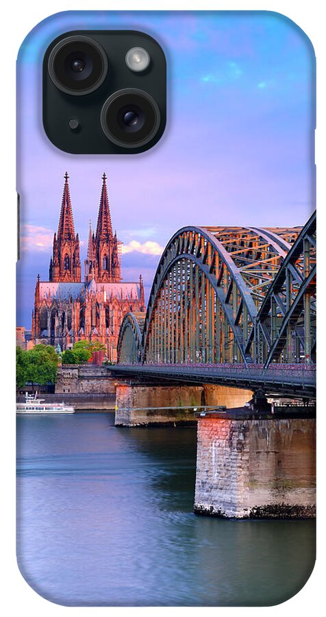 Estock iPhone Case featuring the digital art Germany, North Rhine-westphalia, Cologne, Koln, Rhine, View Over Cologne City Center With Cologne Cathedral And Hohenzollern Bridge Over The Rhine River #1 by Francesco Carovillano