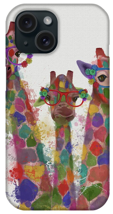 Steampunk iPhone Case featuring the painting Rainbow Splash Giraffe Trio #1 by Fab Funky