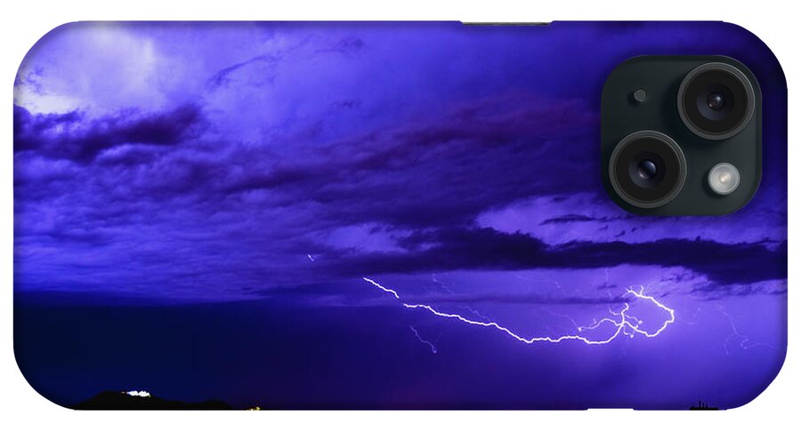Background iPhone Case featuring the photograph Rays in a night storm with light and clouds. #1 by Joaquin Corbalan