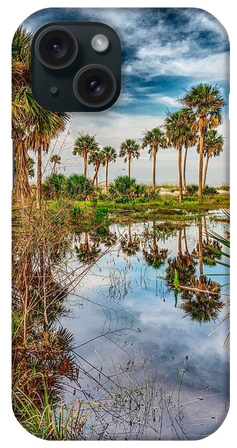 Beach iPhone Case featuring the photograph Reflections Of Palm Trees On Hunting Island South Carolina #1 by Alex Grichenko