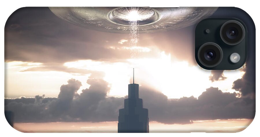 Nobody iPhone Case featuring the photograph Ufo Above Skyscraper #1 by Ktsdesign/science Photo Library