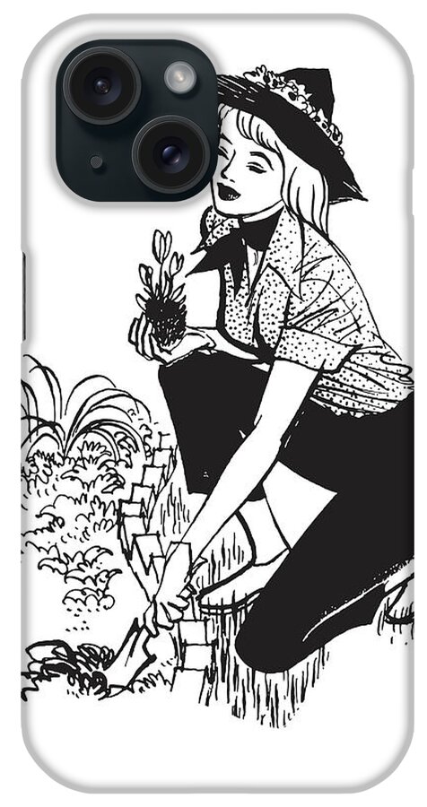 Accessories iPhone Case featuring the drawing Young woman planting flowers in garden #1 by CSA Images